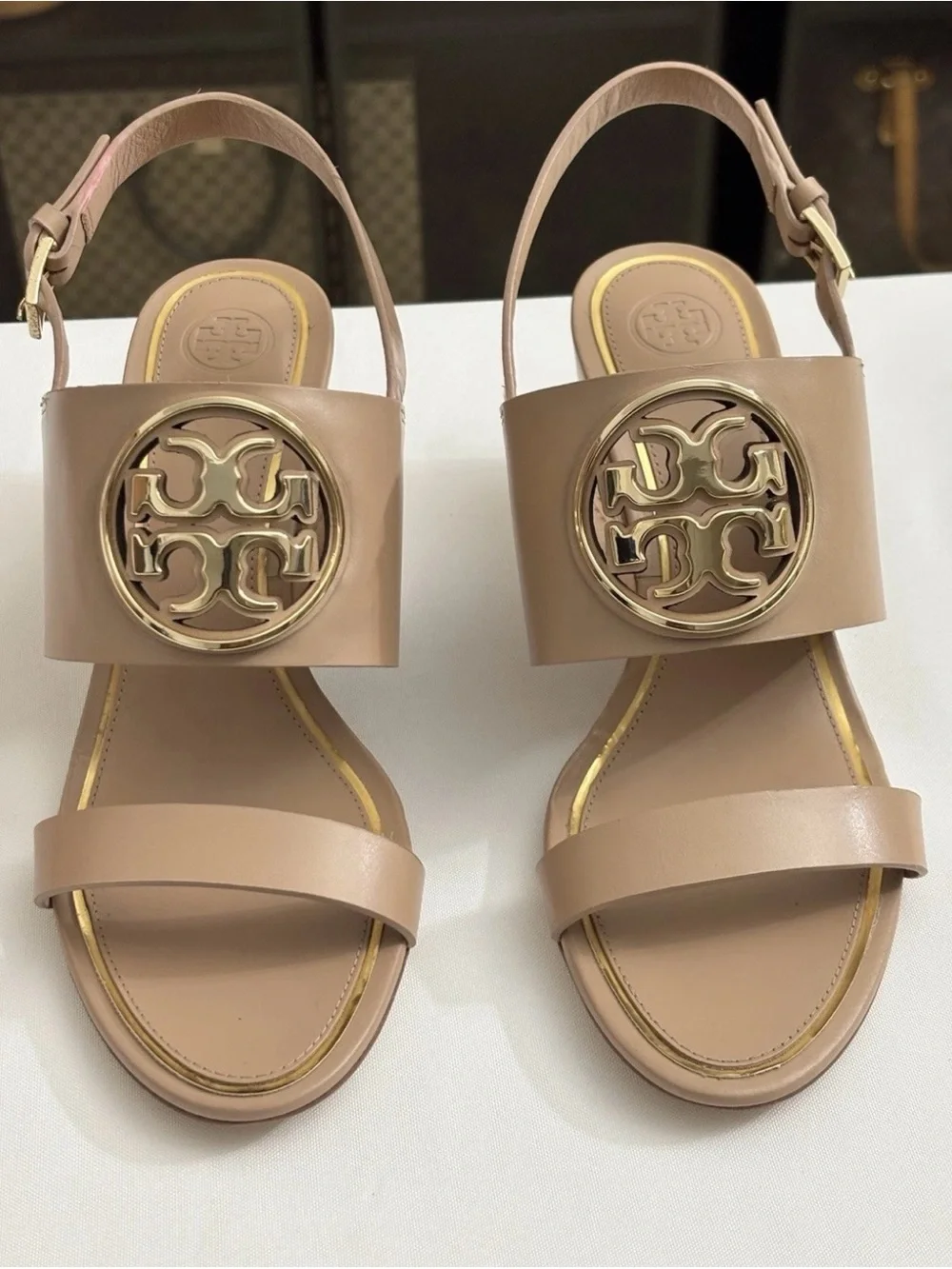 Tory Burch Sandal Metal Miller Wedge Tan Size 9.5